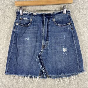 Zara Woman Blue Denim Jean Mini Skirt Distressed Frayed Hem 5 Pocket Womens‎ XS